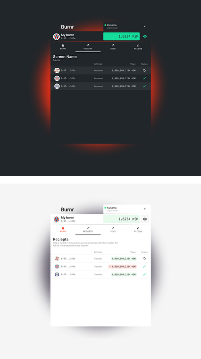 Burnr wallet account balance blockchain dark theme finance light payment polkadot product design table transactions wallet