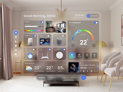 Smart Home for Vision OS - Spatial UI Design apple vision pro ar design ar vr augmented reality clean dashboard glassmorph home automation ios product design remote control smart smart app smart home spatial ui design trend ui uiux virtual reality vision os