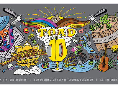 Mountain Toad Brewing 10th Anniversary adobeillustrator art artist beer brand brand design branding brewery craft beer design glassware golden colorado graphic design illustration lbgtq logo poster design small business ten years ui