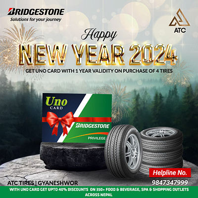 New Year Offer 2024 atc branding bridgestone card facebook post graphic design green illustration new year new year design new year offer offer sign board simple tires vector