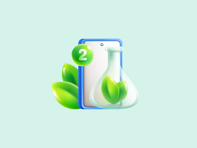 Phone, chemical cone flask with liquid, green leaves 3d icon illustration leaf leaves logo mesh notification phone screen vector volume