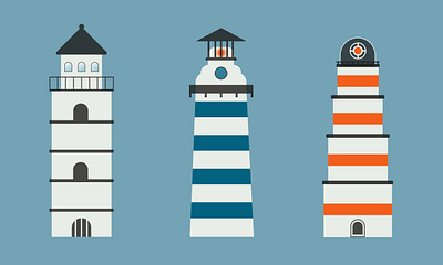 Lighthouse set black blue design flat illustration light lighthouse marine navigation ocean red sea seashore signal tower vector