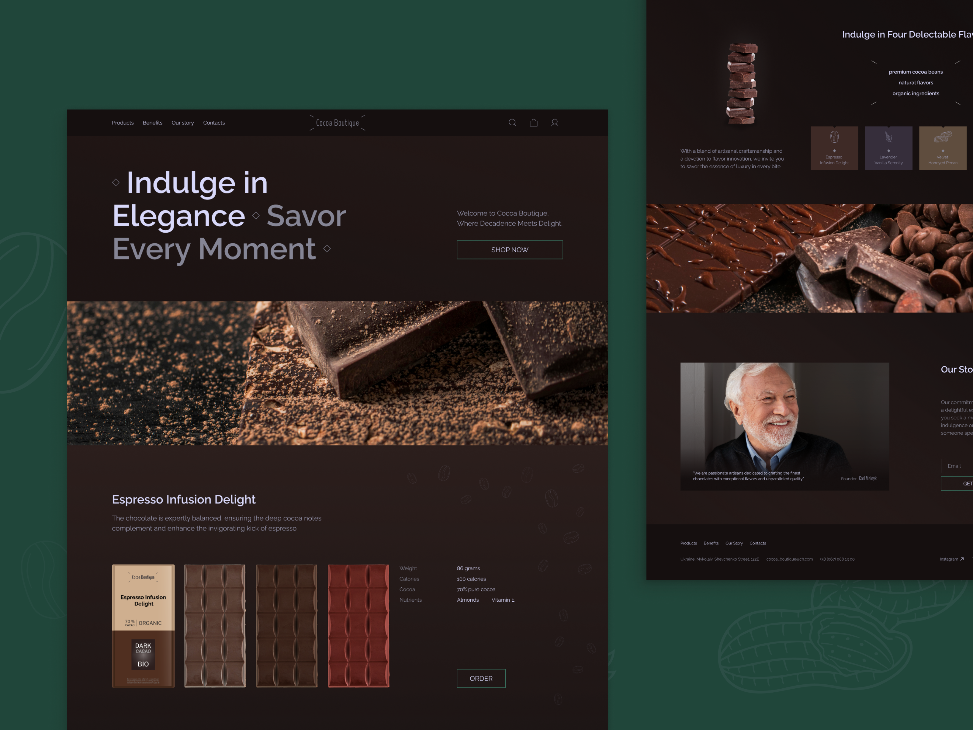 Home page Cocoa Boutique brown chocolate cocoa concept cta dark theme e commerce elegant home page main page site tastes ui ui design ui ux uxui design web design web interface