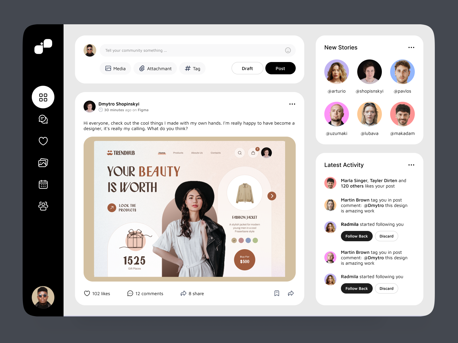 Social Media Dashboard Minimalism branding chat clean colors dashboard fashion interface media minimalism product service social startup ui