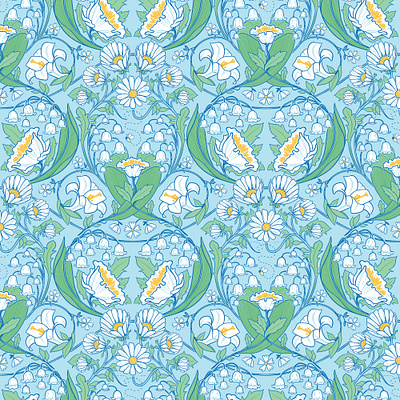 Spring Lilies bees daisies damask digital floral flowers garden illustration lilies lily of the valley repeat repeating pattern spring william morris
