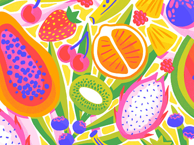 Tropical Fruit bright digital food fruit halftone illustration neon palms surface design tropical vector