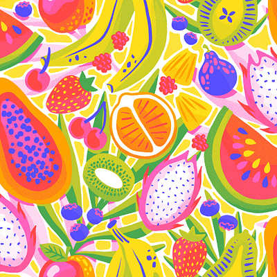 Tropical Fruit bright digital food fruit halftone illustration neon palms surface design tropical vector