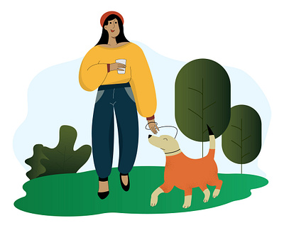 Feel The Winter with your Pet. Happy Day animal canine character dog dog sitter flat graphic design illustration nature park pet pet owner plants pup take care walk walk outdoors walker winter woman