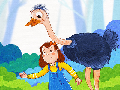 Ostrich childrens book childrens magazine digital art digital drawing drawing forest illustration kids magazine ostrich painting story