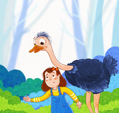 Ostrich childrens book childrens magazine digital art digital drawing drawing forest illustration kids magazine ostrich painting story