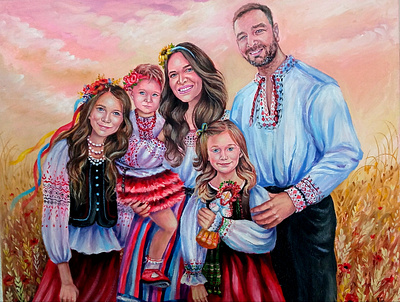 portrait of an American family in Ukrainian traditional clothes art family fashion painting people portrait style ukraine ukrainian