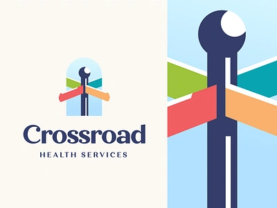 Crossroads Signpost Logo branding brandmark corner counselling directions gps graphic design guidance health healthcare illustration location logo mainstreet map medical road street sign