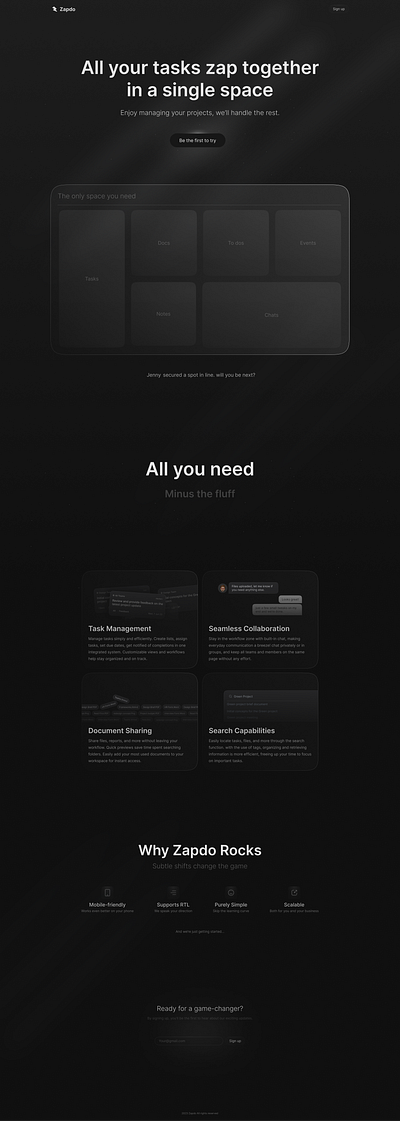 Project and task management landing page dark dark mode feature cards interactive landing page product design project management task management ui user interface website