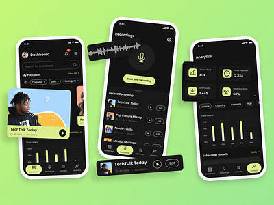 Epicast: Podcast Creation & Management App Concept analytics appdesign darkui dashboard demographics filters graphs management music podcast recording search signin waveform