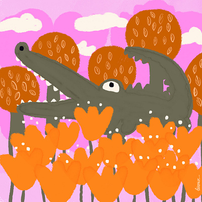 A crocodile among tulips 🧡 design digital illustration flowers graphic design illustration orange pink procreate tulips