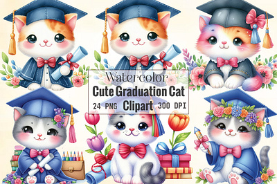Cute Graduation Cat Colorful Clipart no people