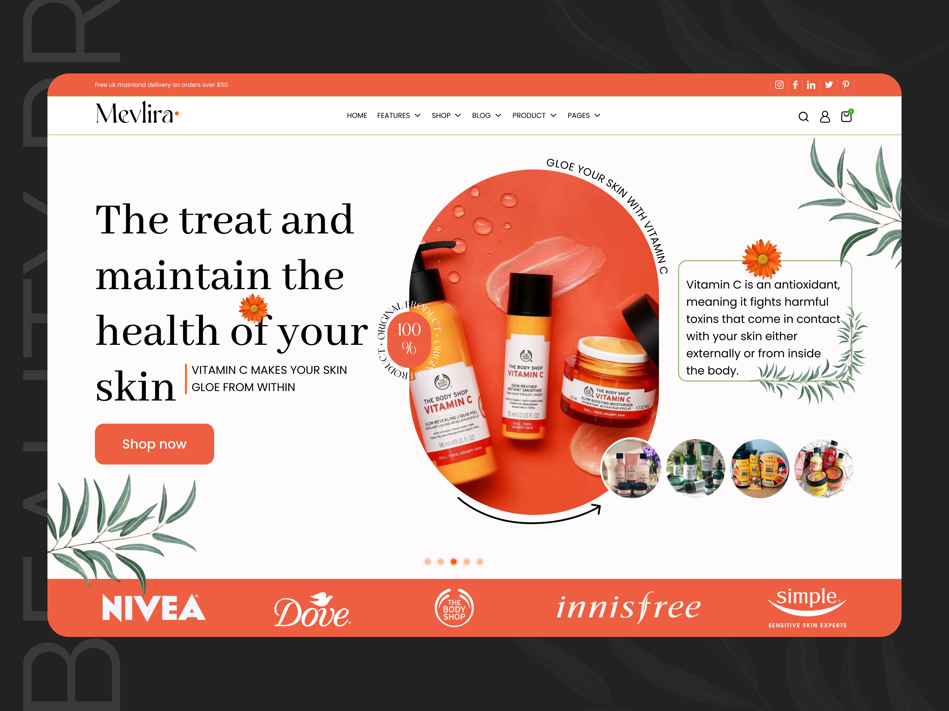 Mevlira - Beauty E-commerce Website beauty landing page beauty product commerce cosmetics ecommerce landing page makeup marketplace online store orange shop skincare product store web design website website design white