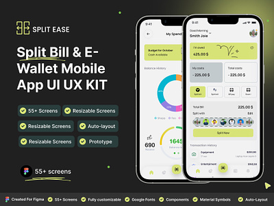 Split-Ease | Split Bill & E-wallet UI Kit Premium UI Kit with Fu branding e wallet digital wallet app financial finance app graphic design mobile banking app money management app money split bill app money transfer app money transfer app design online payment app split bill app design ui