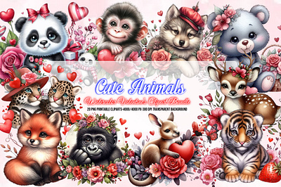 Cute Valentine's Day Animals Clipart drawn