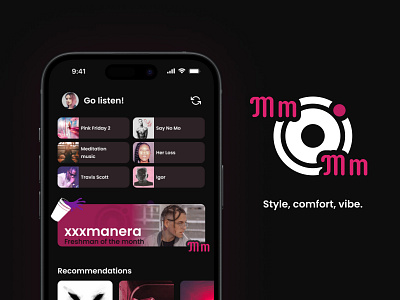 Music application «Mm Mm» app hip hop iphone music phone purple rap song sporify stream ui ux vibe