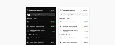 Transaction Widget : Dark & Light theme dark mode finance app finance ui mobile app ui transactionwidget uiuxdesign web ui widget ui