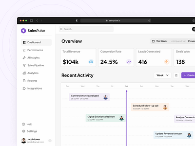 SalesPulse — SaaS Dashboard ai clean dashboard dashboardui dribbble lightmode logo metrics minimalist product design saas saasproduct sales sidebar timeline user interface webapp