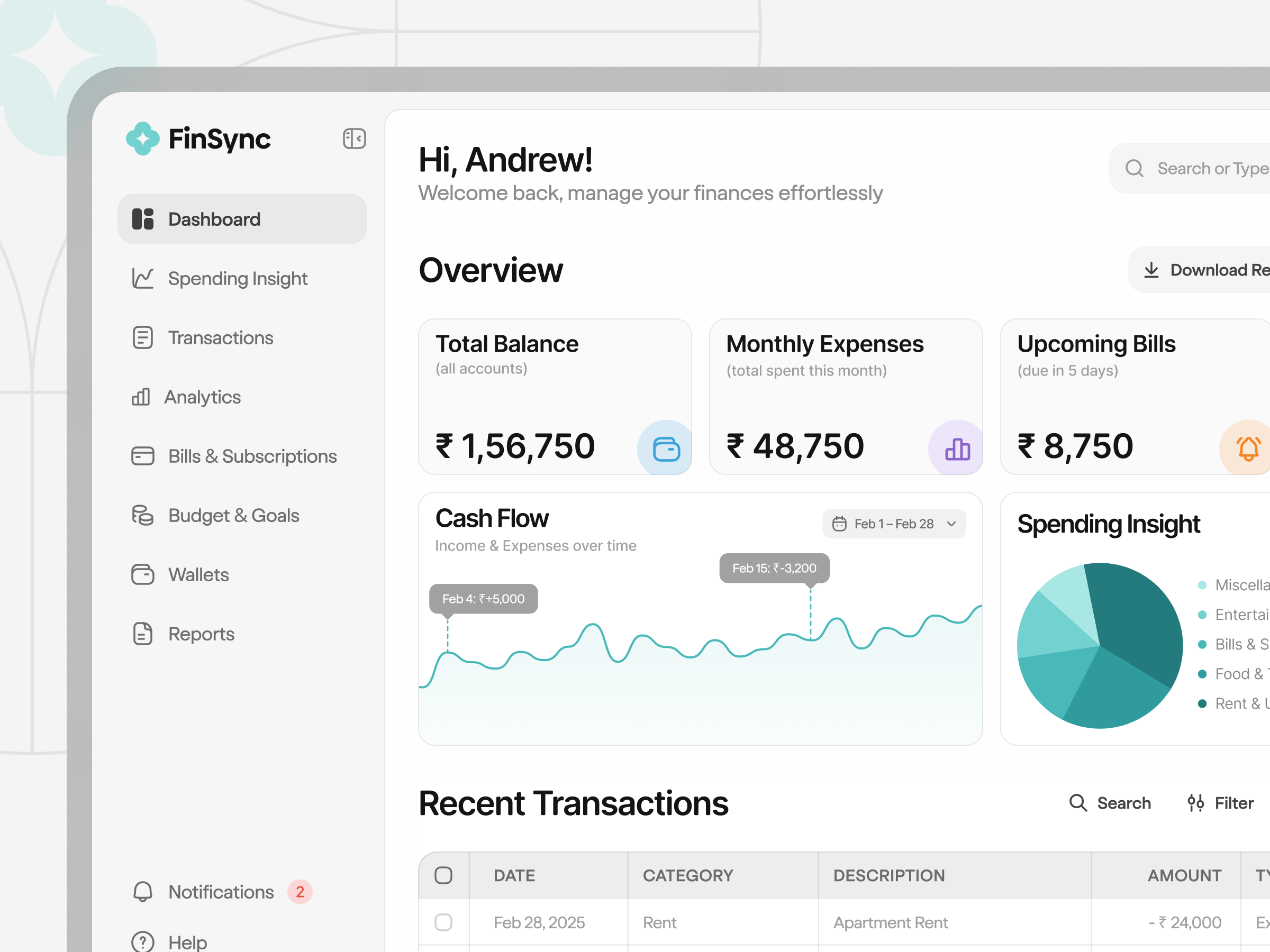 FinSync — SaaS Dashboard ai clean dashboard dashboardui dribbble expensetracker lightmode logo metrics minimalist modern product design saas saasproduct user interface webapp