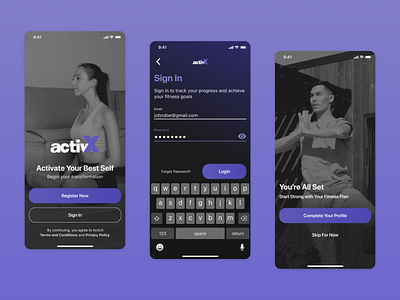 ActivX Fitness App app figma fitness fitness app fitness welcome ios login minimalist mobile modern onboarding project purple screen sign in sign up ui design ui exploration uiux design welcome screen