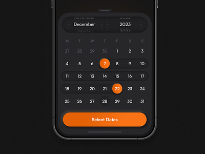 Mobile Date Picker 2023 2024 app calendar challenge clean concept daily ui dark mode date picker ios mobile moder neumorphism noise orange product selector ui ux