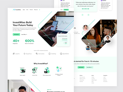 InvestWise - Financial Investment Landing Page branding crypto cryptocurrency design financial fintech investing investment landing page onepage startup stocks tech technology trader website