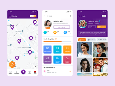 Social Networking App for new Mothers app design app ui chat app community messenger app mobile app design social networking app ui