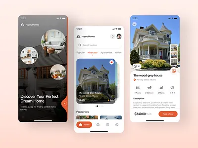 Happy Homes - Real Estate App aesthetic app design app ui design home finder property property finder app real estate real estate app ui design uiux user interface ux ux design