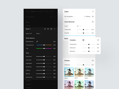 Color Correction Panels app clean color correction dark theme dashboard editing editor interface minimal mobile panel platform saas slider software ui ux video editing visual editor web app