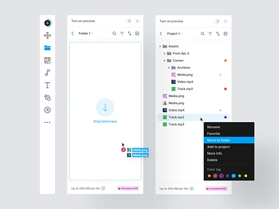 Media Library Panel clean cloud components dashboard drag and drop file folder interface library media minimal nav panel product design saas side navigation software ui ux web app