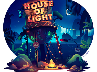 House of light adventure art bonefire collection drawing illustration island light neon poster print