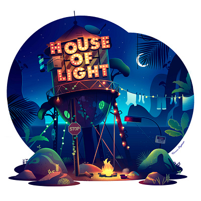 House of light adventure art bonefire collection drawing illustration island light neon poster print