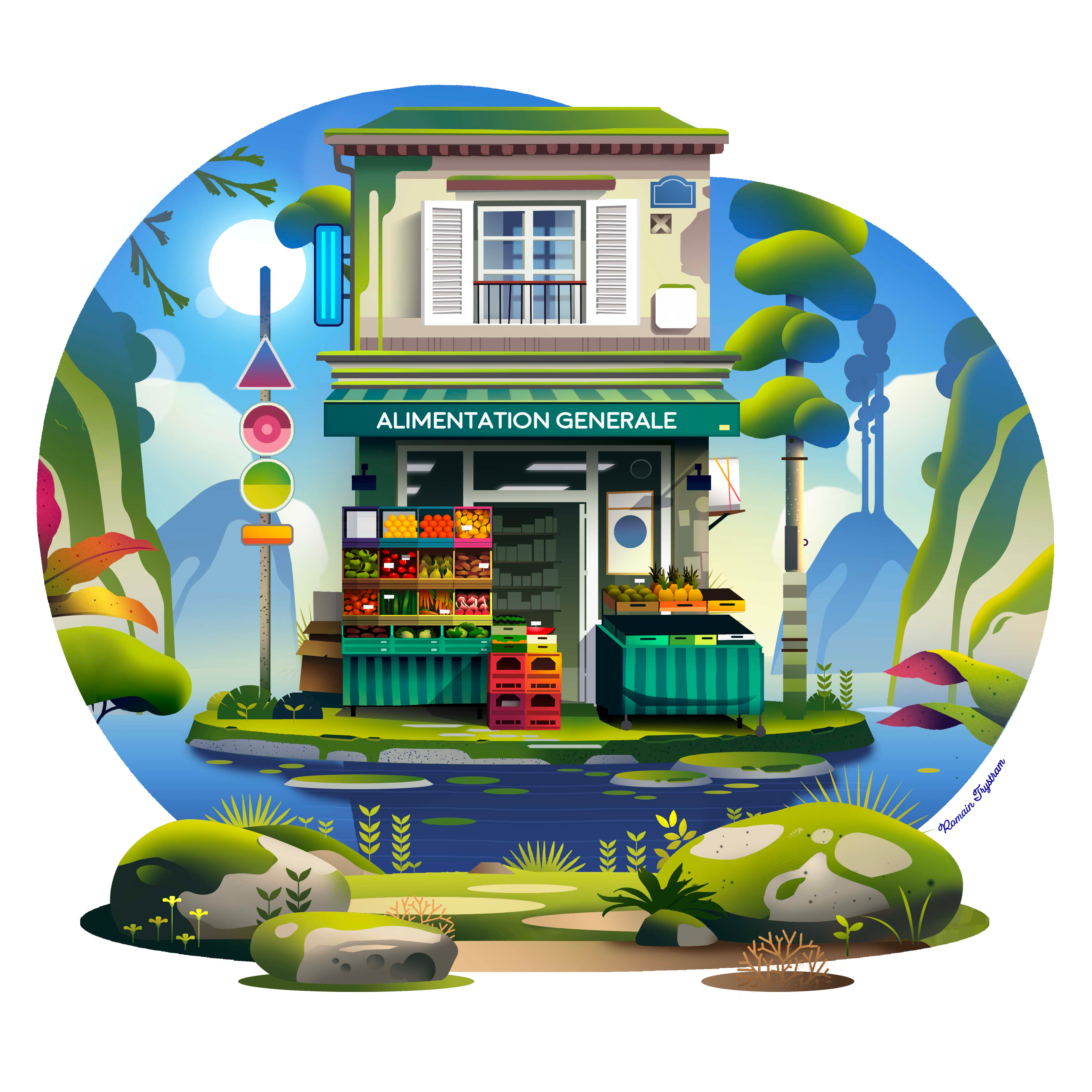 Alimentation générale adventure art fruits game grocerystore hanout illustration light ocean poster print store