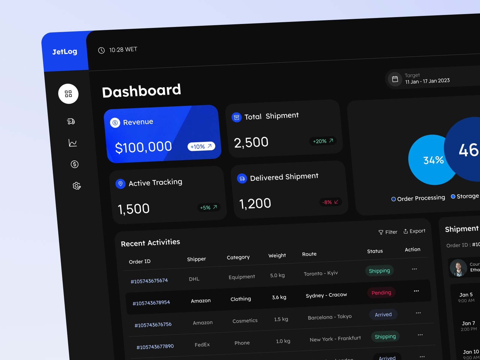 Logistics Dashboard - Light & Dark Modes chart darkmode dashboard delivery desktopapp lightmode logistics management table tracking uiux
