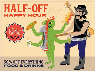 Lemmy Takes Half-Off alien arnold palmer battle axe bloody cartoon gore goth happy hour heavy metal horror ice tea illustration lemmy marketing motorhead philly chessesteak punk rock rainier beer sci fi tater tots