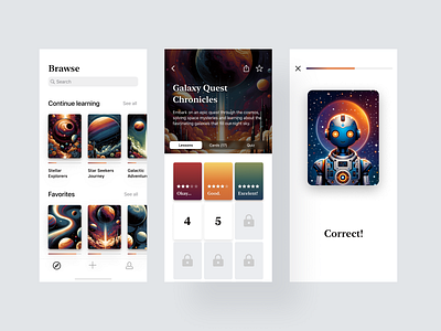 Space Education App app bot cards clean design education app flashcards interface language learning app learning minimal mobile quest quiz simple space studying ui ux