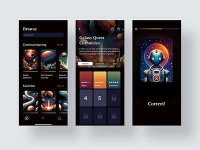 Space Education App - Night Mode app card dark ui education flashcards game gamification interface language learning learning platform memory minimal planet quest quiz robot space study ui ux