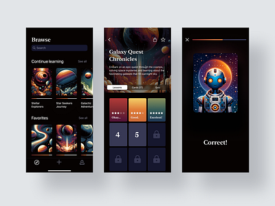 Space Education App - Night Mode app card dark ui education flashcards game gamification interface language learning learning platform memory minimal planet quest quiz robot space study ui ux