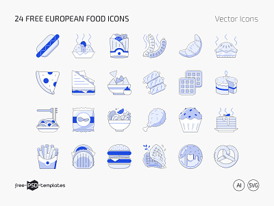 24 Free European Food Icons (AI, SVG) design european food food food icons free free icon set free icons free vector icons freebie hotdog icon icon pack icon set icons photoshop pizza psd template templates