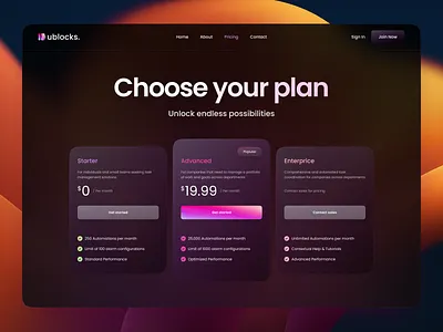 Pricing for Ublocks landing page apple card choose your plan clean dark dark mode design glass gradient minimal minimalism plan plans pricing pricing table slide ui design ui element