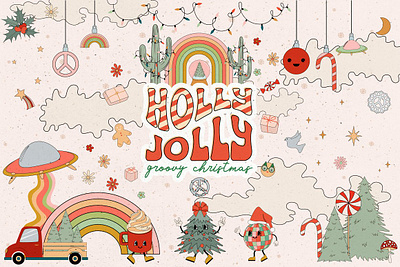 Holly Jolly Groovy Christmas Font aliens christmas christmas card christmas clipart 70s christmas tree greeting card groovy groovy christmas hippie hippie christmas holiday merry christmas peace sing rainbow retro retro christmas retro christmas pattern seasons icons vintage winter