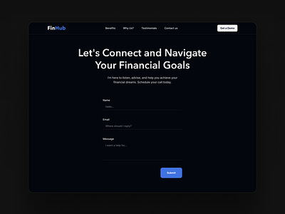 Contact Page UI Design - Dark mode clean contact form contact page contact page design contact us page design finance website minimal modern simple ui website