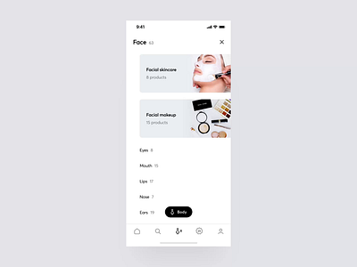 Shopping by Exploring the Body - Flow 1/3 animation app application beauty body clean ecommerce interaction interface ios makeup menu minimal mobile modern motion product design simple ui ux