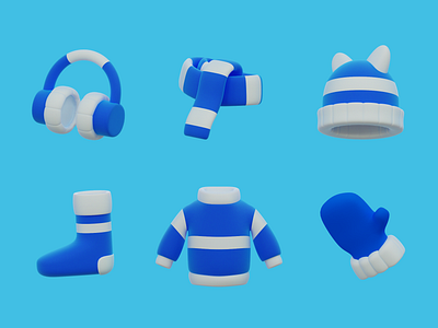 Free 3D Icon Set - Winter Elements ❄️🧣🌨️ 3d 3d animation 3d icon 3d illustration 3d winter beanie blender branding cold cool earmuff free freebies glove icons snow sock sweater syal