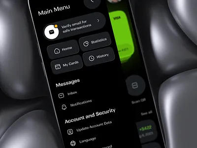 Fizzie - Mobile Sidebar app ui banking app clean design dark theme futuristic left menu list menu mobile app mobile banking mobile sidebar money app money management nav navigation side menu side nav sidebar ui ui design