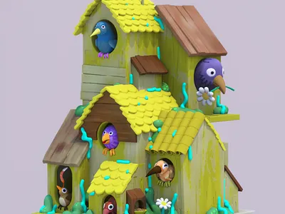 The gang's all here. 3d art 3d illustration 3d sculpt animals bird birdhouse birds c4d illustration stuart wade